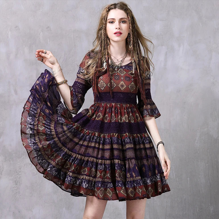 spring and summer retro lace stitching large pleated Bohemian chiffon dress