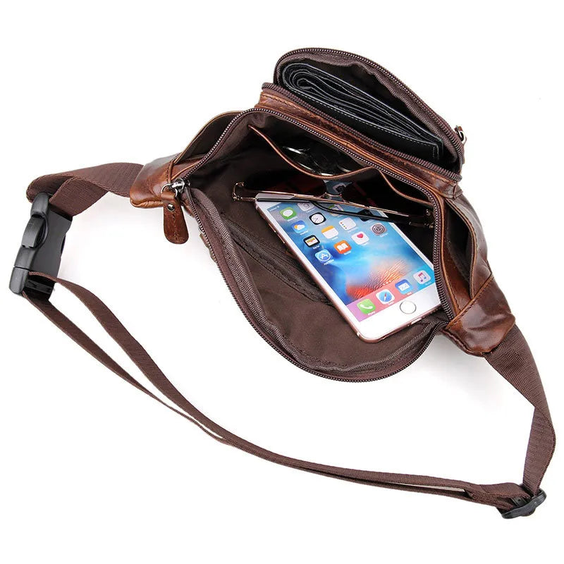 Men Genuine Leather Fanny Pack Bag for Phone Pouch Male Leather Messenger Bags Fanny Male Travel Waist Bag Men