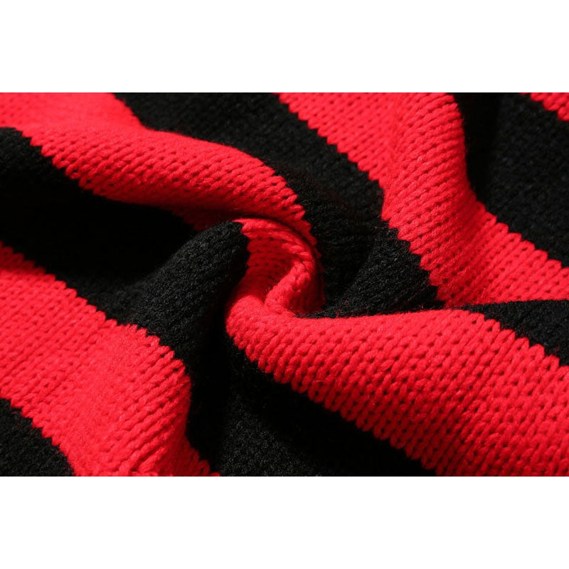 Ripped Stripe Knit Sweaters Men Hip Hop Hole Casual Pullover Sweater Male Loose Long Sleeve Sweaters Red Black