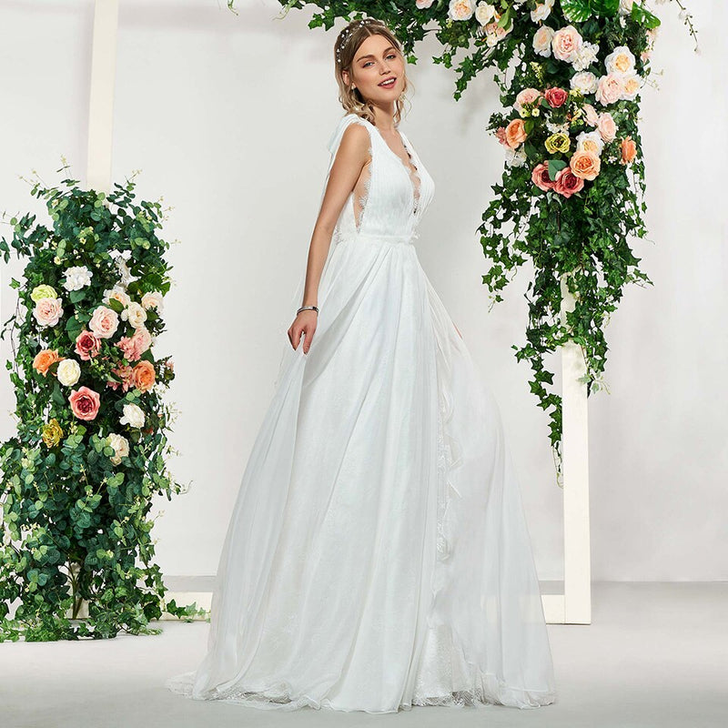 Dress elegant ivory sleeveless a line lace pleats backless wedding dress floor length simple bridal gowns wedding dresses