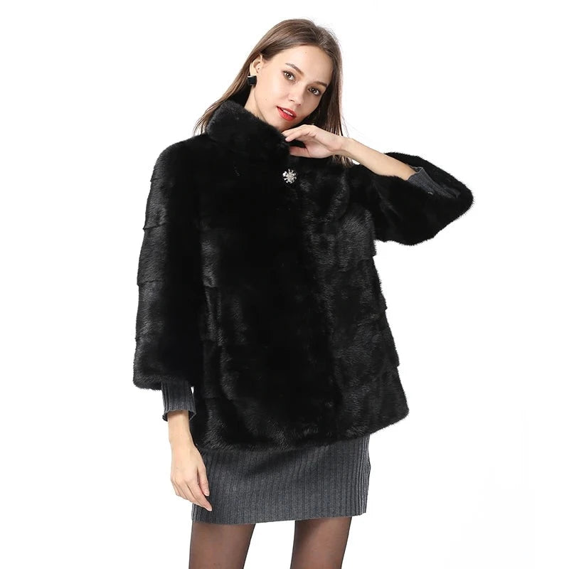 Natural Real Fur Coat Sleeve Women Mink Fur Coats Stand Collar Jackets Outwear Real Fur Clothing
