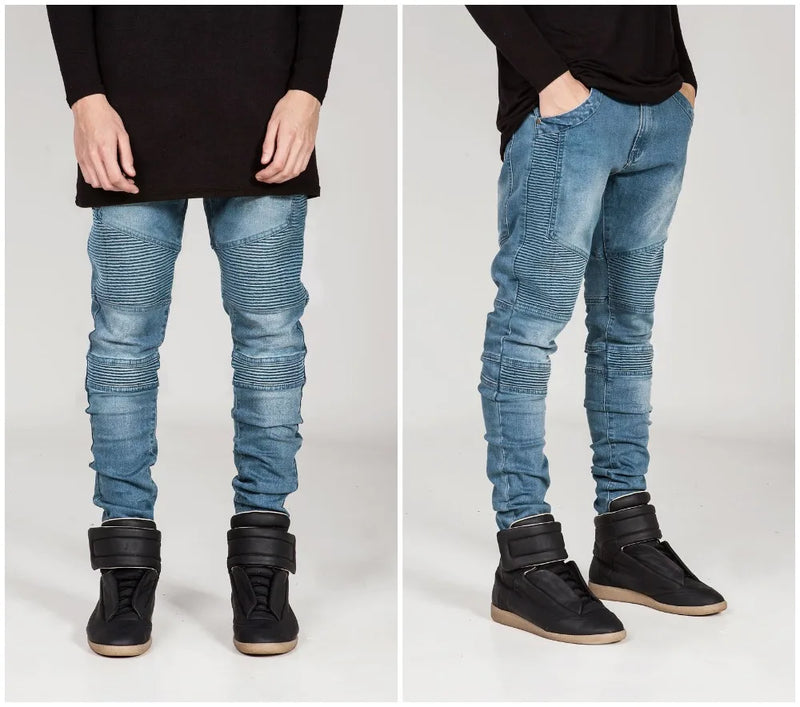 Mens Skinny jeans men Runway Distressed slim elastic jeans denim Biker jeans pants Washed black jeans for men blue