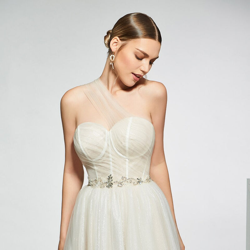 Dress elegant one shoulder beading sleeveless zipper up wedding dress a line floor length