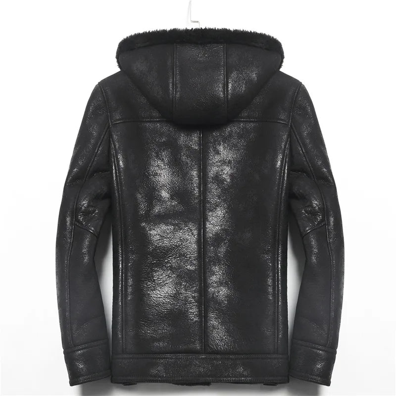 Winter Original Fur Coat with Men Leather Jacket Coat Hooded