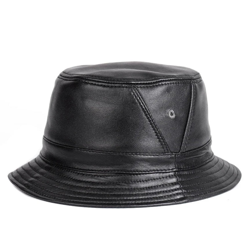 Man Real Leather Fitted Flat Bucket Hats Outdoor Potted Short Brim Hip Pop Elderly