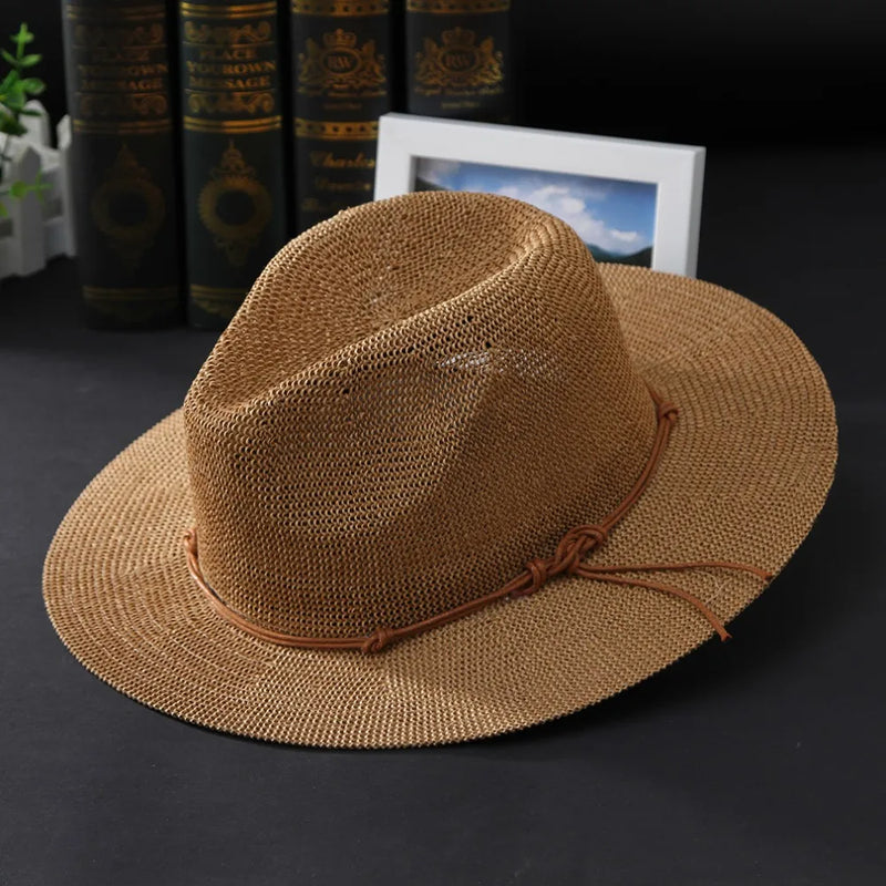 Summer Hat Panama Hats Hollow Out Straw Hat For Men Women Leather Ribbon Large Brim Sun Beach Fedora