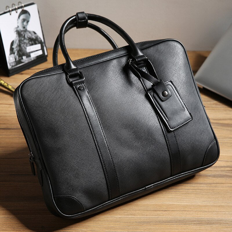Men Business Briefcase 14 Inch Laptop Office Bag Black Leather Handbag Male Travel Big Portable Shoulder Crossbody Bag