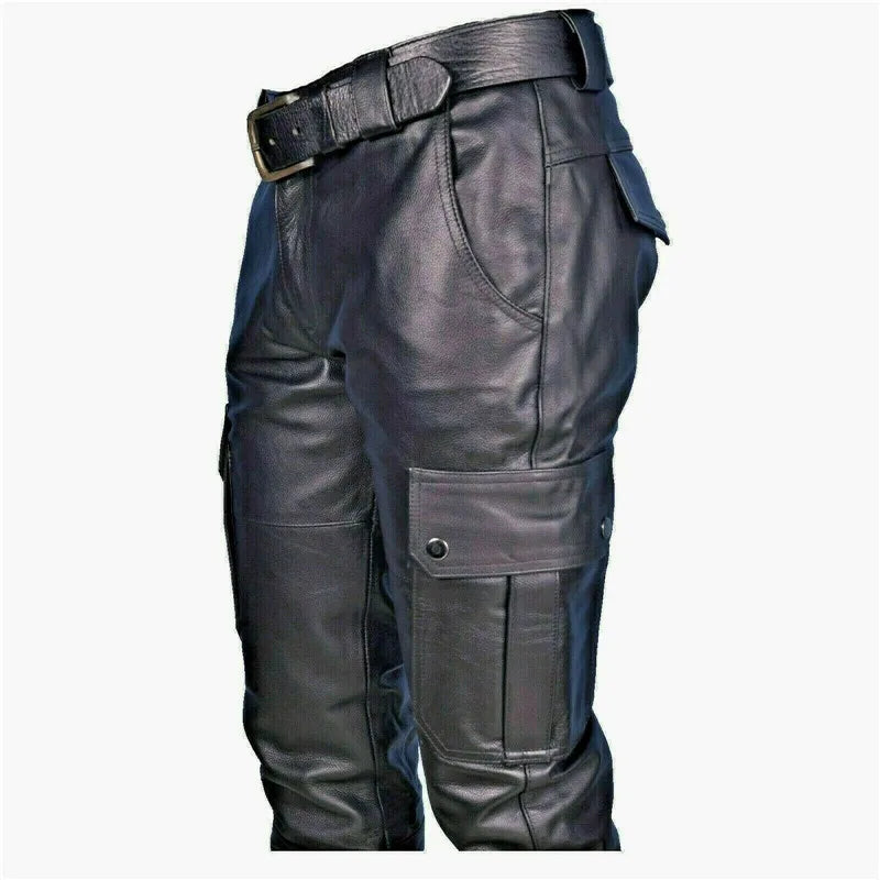 Men Motorcycle Faux Leather Cargo Pants Multi Pockets Biker Rider Trouser