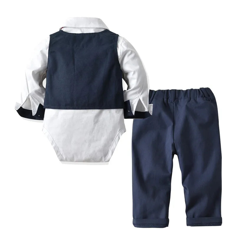 Baby Boy Formal Set Clothing with Tie Navy Vest Romper Pants Kids Hat Suits Party Birthday Gentleman Clothes