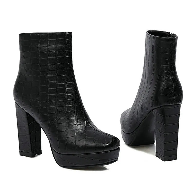 Women Boots Faux Leather Square High Heel Zipper Boots Autumn Winter Ladies Shoes Black Brown
