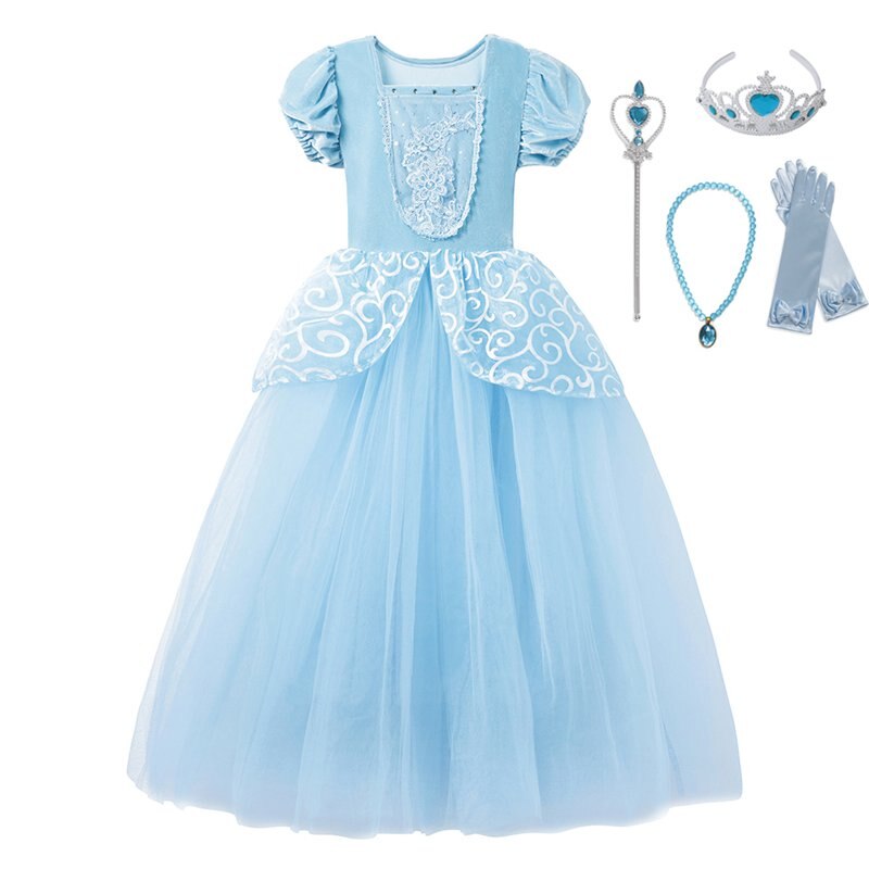 Little Girls Blue Cinderella Dress Up Children Puff Sleeve Elegant Prom Party Dress Kids Girl Birthday Princess Costume