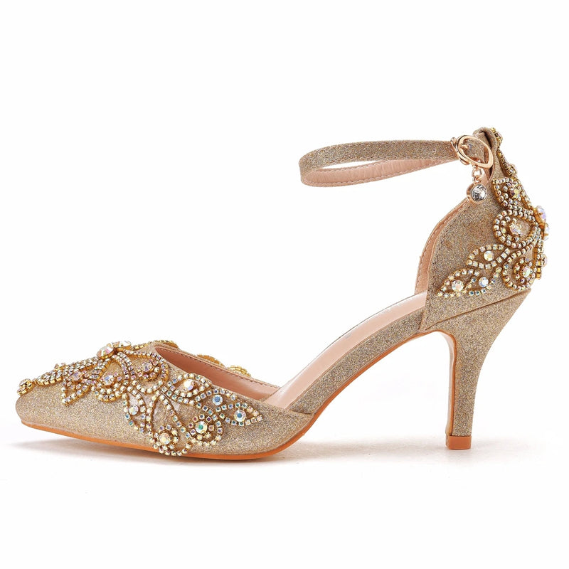 Women Shoes Wedding Bridal Glitter Fetish Stiletto Rhinestone Gold Pumps