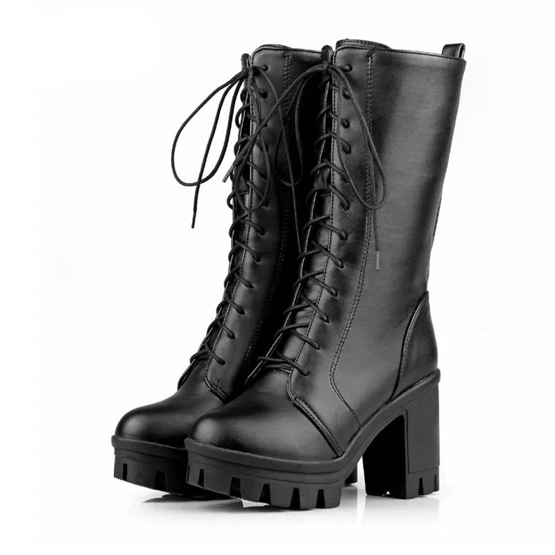 Spring Autumn Lacing Mid Calf Boots Women Square Heels Woman Motorcycle Boot