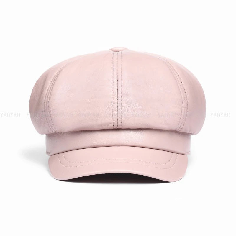 Winter Spring Women Hat Genuine Leather Short Brim Caps Dome Beret Hats