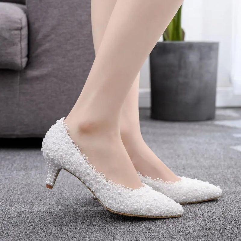 Kitten Heel Girl Dress Lace Flower Party Prom Wedding Bridal Shoes Bridesmaid Pumps