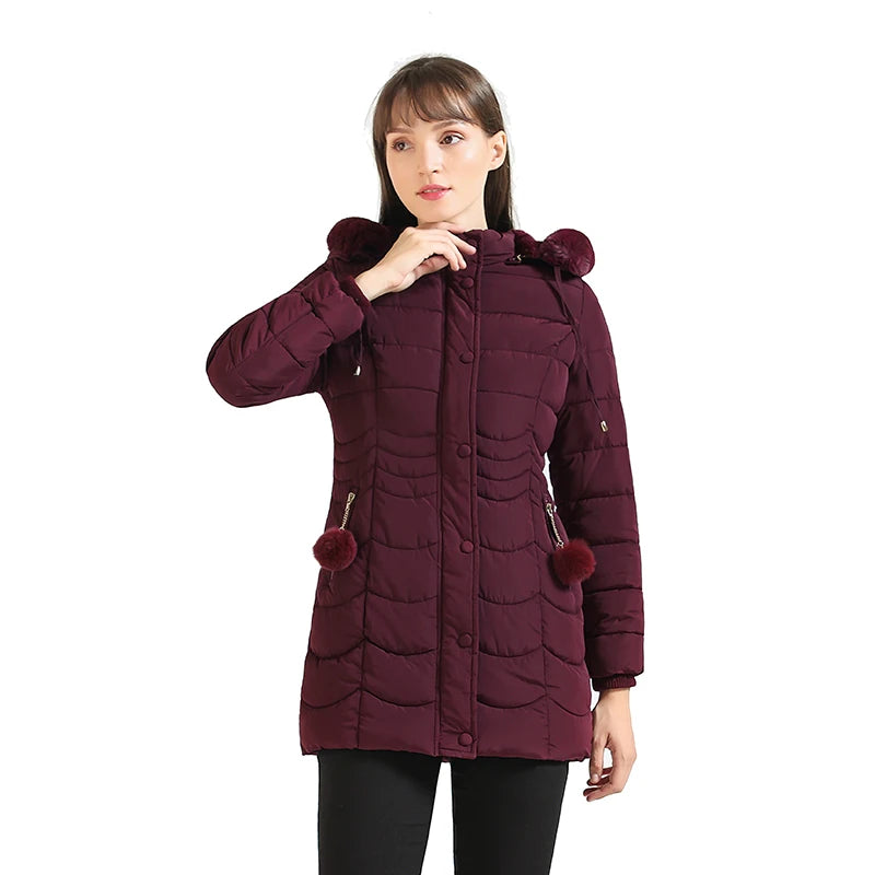 Women Winter Warm Parka Coat With Fur Ball Fluffy Fur Hood Female Outdoor Long Padded Cotton Clothing