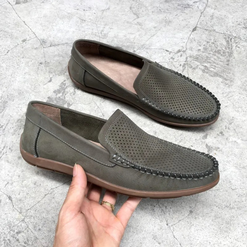 Breathable Hollow Out Genuine Leather Loafers Summer Mens Footwear Comfortable Soft Bottom Casual Shoes Men Slip-On Flat Shoes