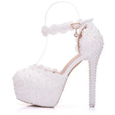 Crystal Queen White Lace Flower Bridal 14CM High Heels Round Toe Wedding Pumps Ankle Straps Women Sandals Bridesmaid Shoes