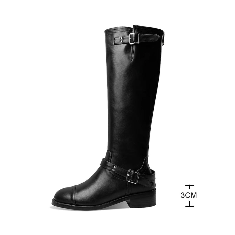 Round Toe Women Boots Lace-Up Riding Motorcycle Boots Low Heel Knee High Boots Buckle Zipper Female Boots
