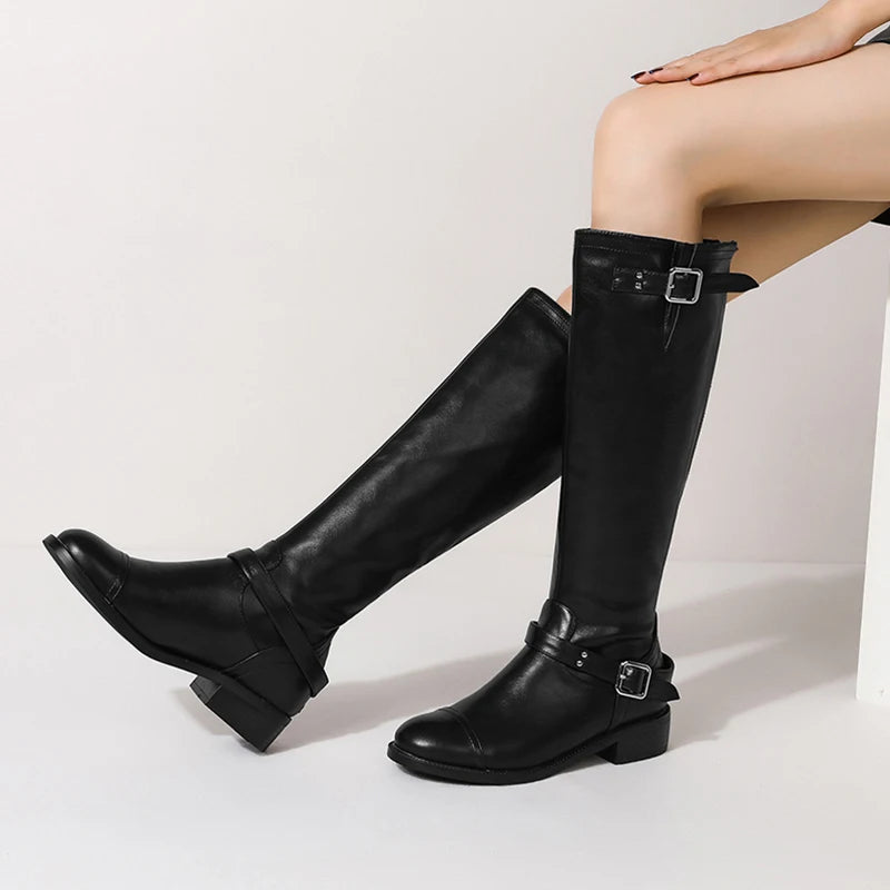 Round Toe Women Boots Lace-Up Riding Motorcycle Boots Low Heel Knee High Boots Buckle Zipper Female Boots