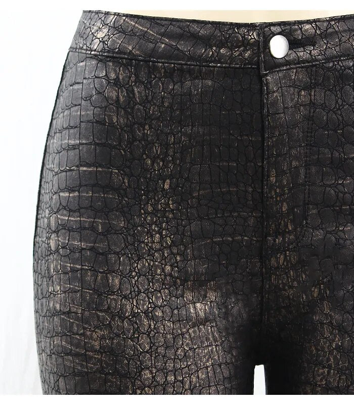 Spring Autumn High Waist  Jeans Women Black Golden Crocodile Pattern Stretchy Skinny Pants Trousers For Women