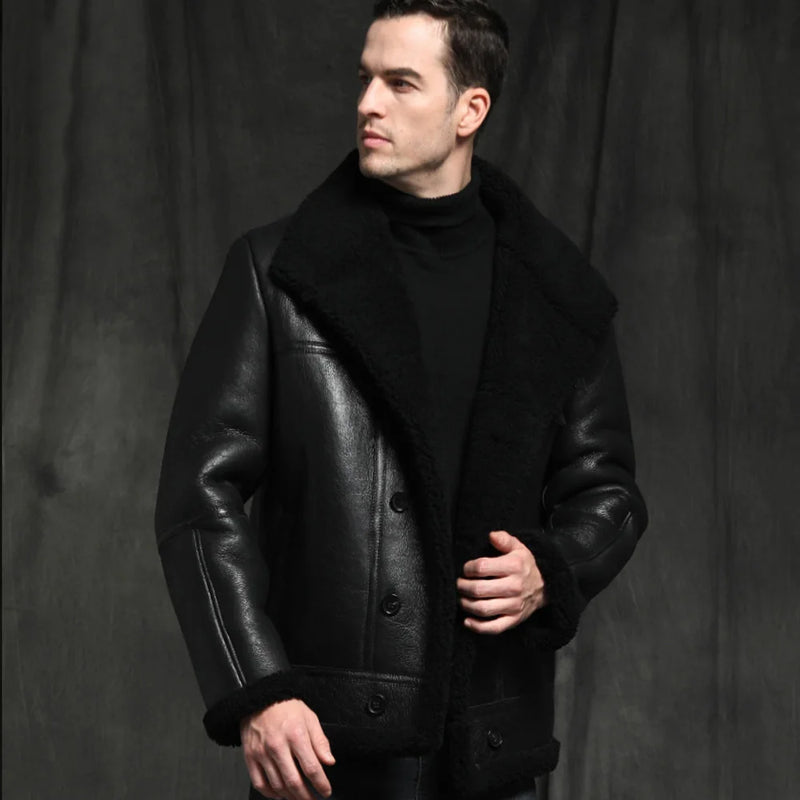Men Winter Black Sheepskin Fur Shearling Jackets Brown Real Fur Coats
