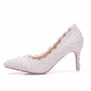 Crystal Queen Pumps High Heels Women Wedding Shoes Lace White Flowers Pearl Bridal