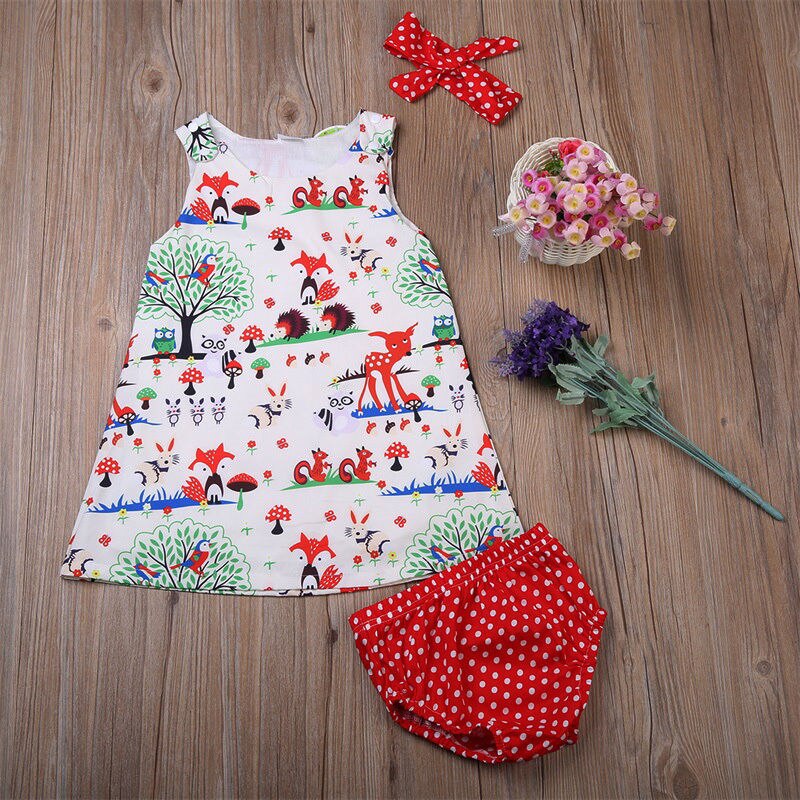 Newborn Toddler Baby Girl Clothes Animals Printed Sleeveless Dress+Shorts+Headband Outfit Sets 0-24 Months