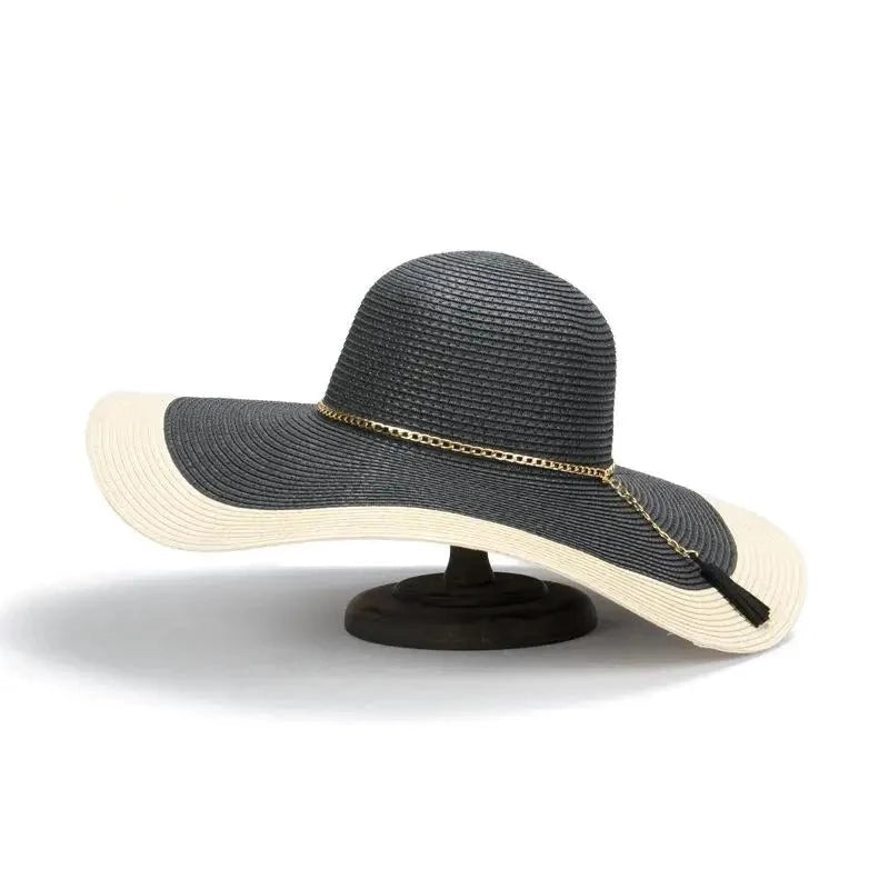 Beach Straw Hat Seaside Wild Holiday Wide Brim Women Summer Floppy Sun Hat With Chain