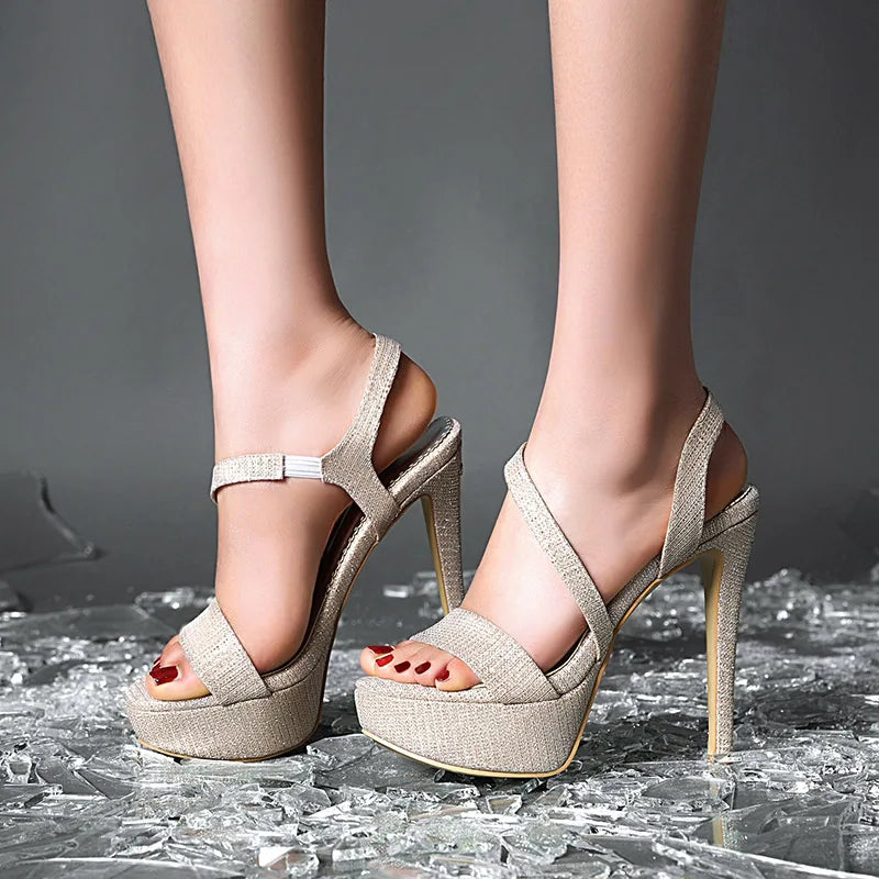 Women platform super high thin heels cross strap Sequined cloth shoes women