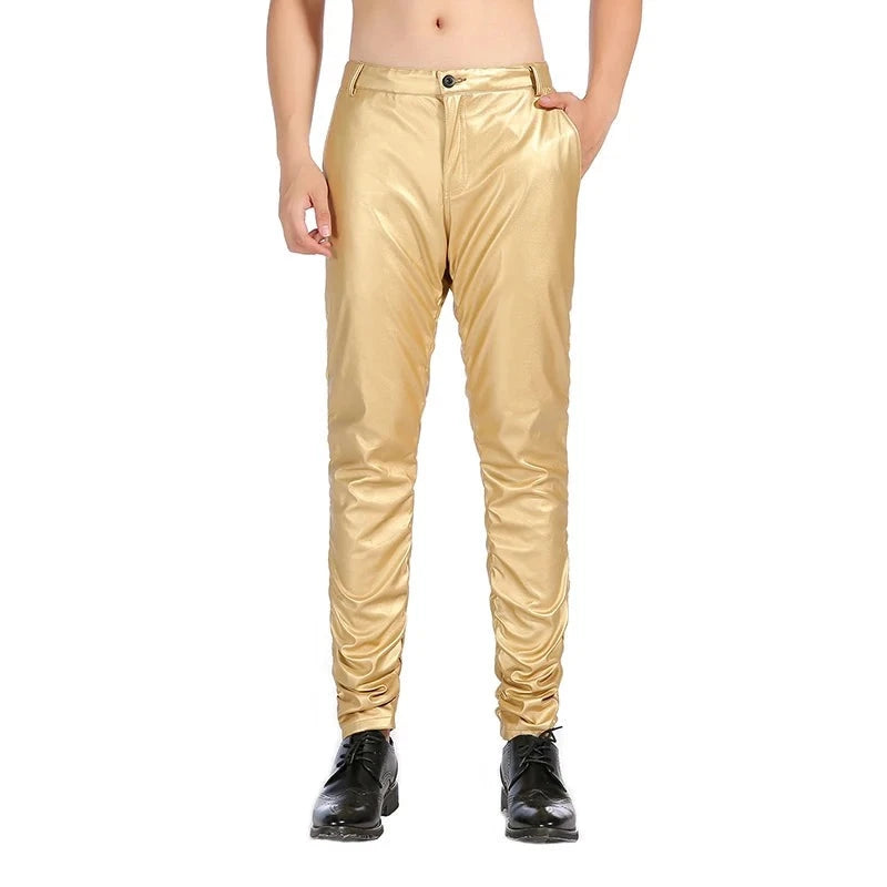 Men Skinny Faux Leather Pants Gold Velvet Lined Elastic Soft Stage Performance Party Singer