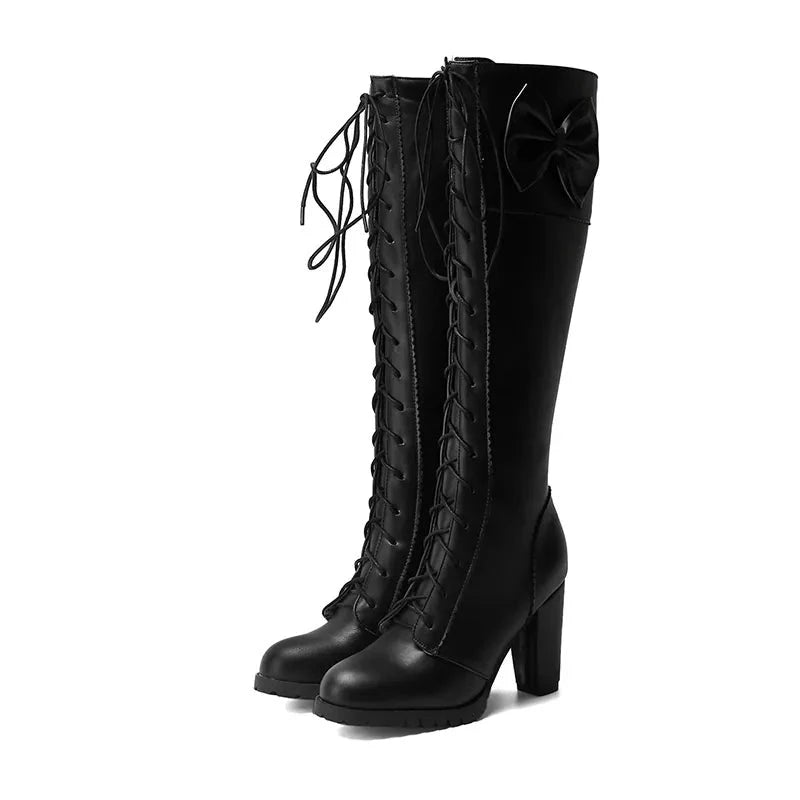 Autumn Winter Women Knee-High Motorcycle Boots Thick Heel Platform Bow-knot Female Wedding Boots