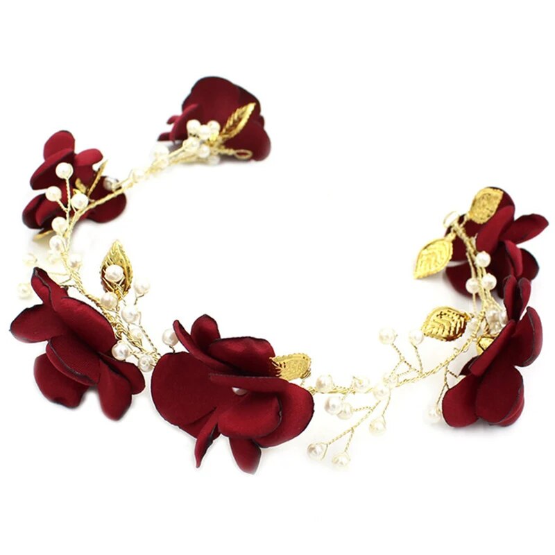Vintage Red Rose Leaves Pearl Headband and Earrings Flower Hair Accessories sets Bridal Wedding Decoration Banquet for women