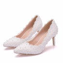 Crystal Queen Pumps High Heels Women Wedding Shoes Lace White Flowers Pearl Bridal