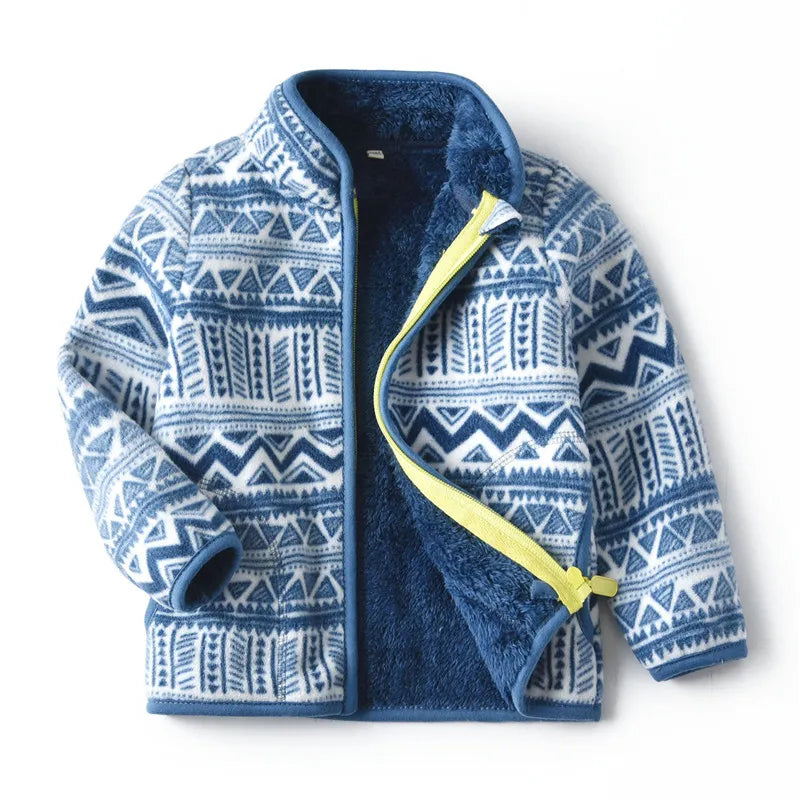 Children Clothing for Boys Girls Winter Fleece Jackets Zipper Blue Cute Hot Selling Thick Baby Coats
