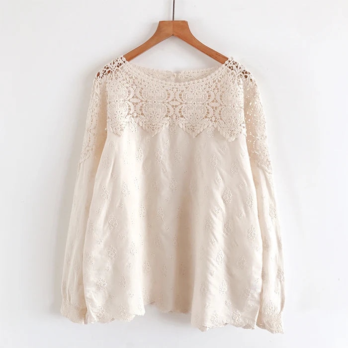 Hollow out Embroidery Shirt Solid Long Sleeve Women Blouse Spring