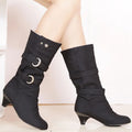 Autumn Winter Leather Buckle Chunky Heels Mid Calf Boots Round Toe Slip on Casual Women Shoe
