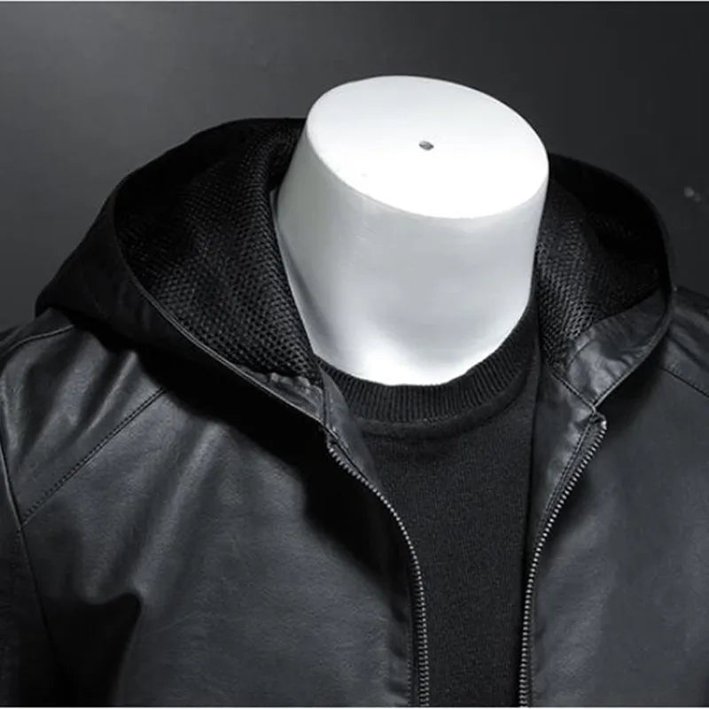 Casual Motorcycle Jacket Mens Winter Autumn Leather Jackets Male Slim Hooded Warm Outwear Fleece Clothing