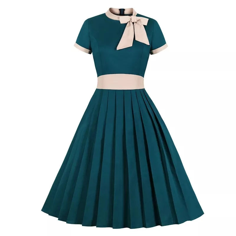 Elegant Turquoise Pleated Party Midi Dress Women Cotton Vintage High Waist Pocket Swing Dresses