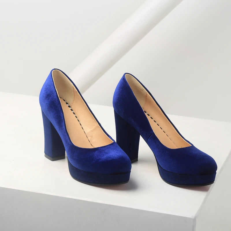 Women Platform Pumps Blue Flock Round Toe Thick High Heels Female Work Shallow Shoes Ladies Footwear