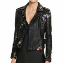 Autumn Winter Floral Embroidery Leather Jackets Women Moto Rivet Black Punk Outerwear Biker Coats