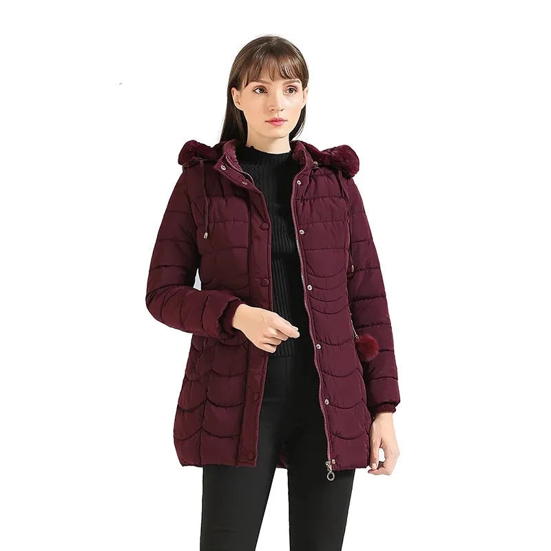Women Winter Warm Parka Coat With Fur Ball Fluffy Fur Hood Female Outdoor Long Padded Cotton Clothing