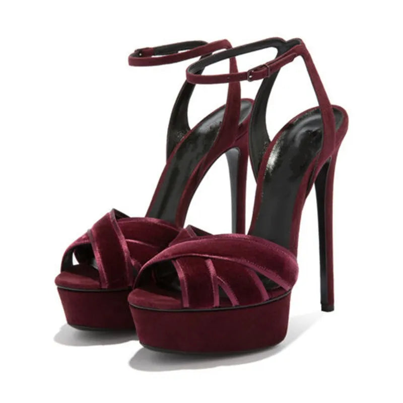 Platform Crossed Velvet Sandals Lady Ankle Strap Stiletto High Heels Dress Shoes Woman