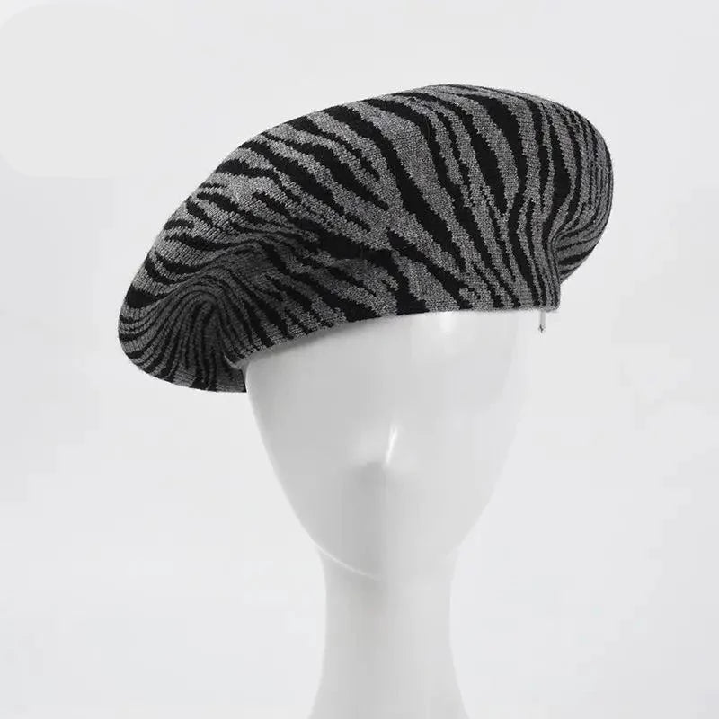 Street Zebra Tweed Beret Autumn Winter Knitted Women Hat Girl Personality Retro Painter's Hat