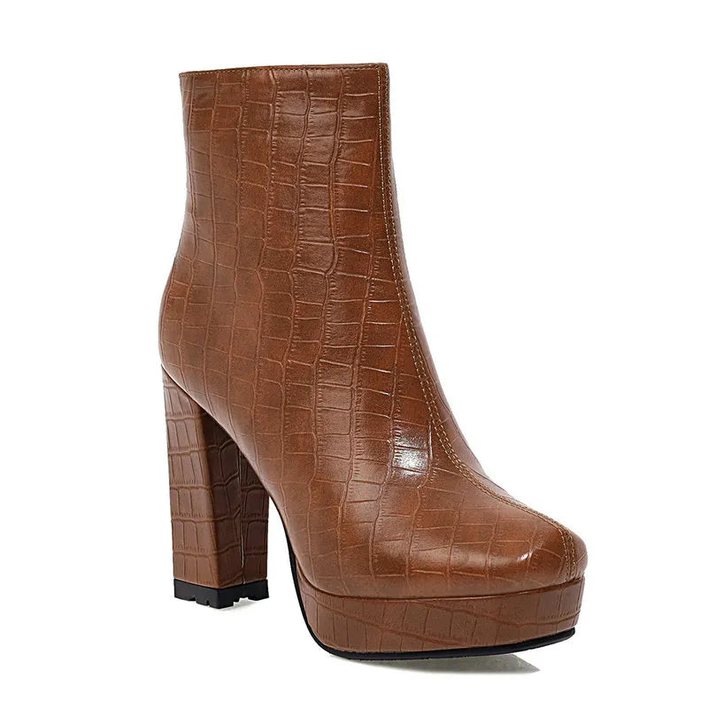 Women Boots Faux Leather Square High Heel Zipper Boots Autumn Winter Ladies Shoes Black Brown