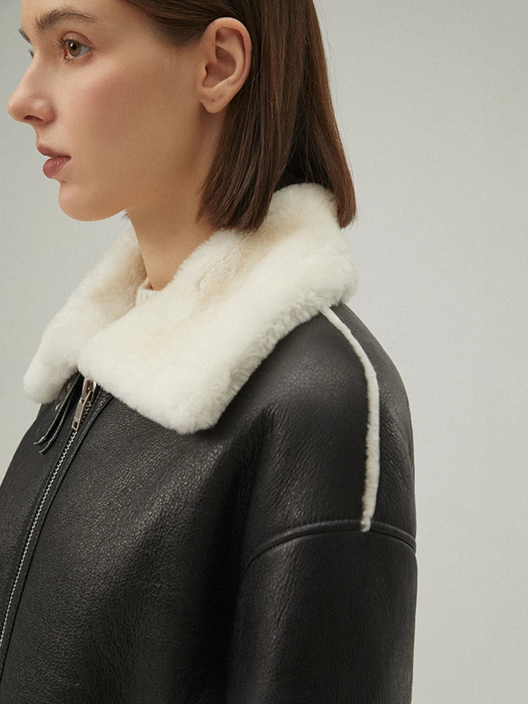 Women Shearling Jacket Black Leather Jacket Short Fur Coat Thicken Winter Jacket Wool Coat