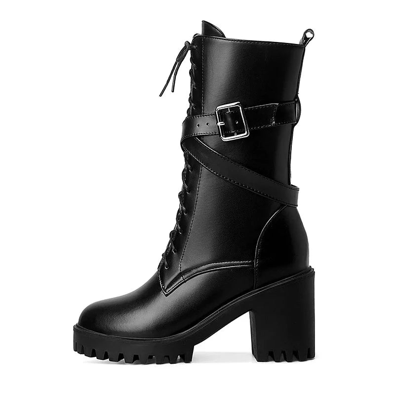 Women Mid-calf Boots Round Toe Thick High Heel Platform Shoes Soft Leather Punk Female Motorcycle Boots