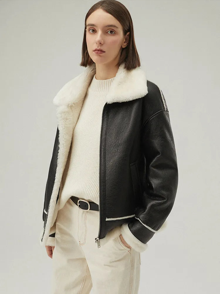 Women Shearling Jacket Black Leather Jacket Short Fur Coat Thicken Winter Jacket Wool Coat