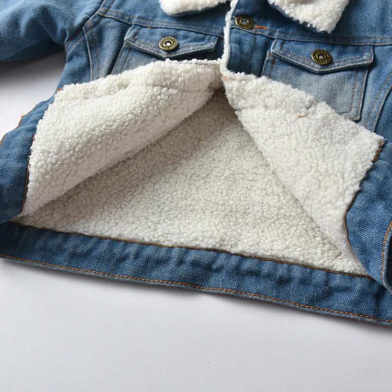 Winter Toddler Baby Boys Girls Denim Warm Jacket Kids Fleece Thicken Lapel Coat Tops Children Flannel Outerwear