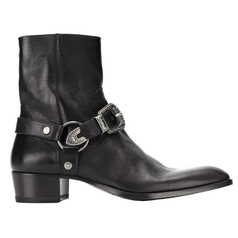 Mens High Top Shoes Genuine Leather Ankle Boots Male Gothic Zipper Buckle Pointed Toe Increase Chelsea Boots